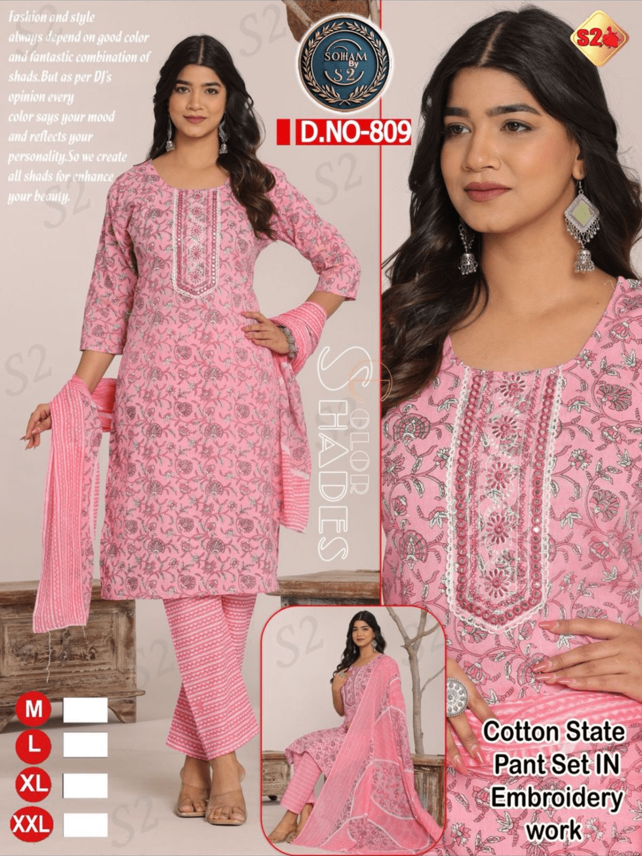 Pink Cotton State Pant Set in Embroidery Work - 14