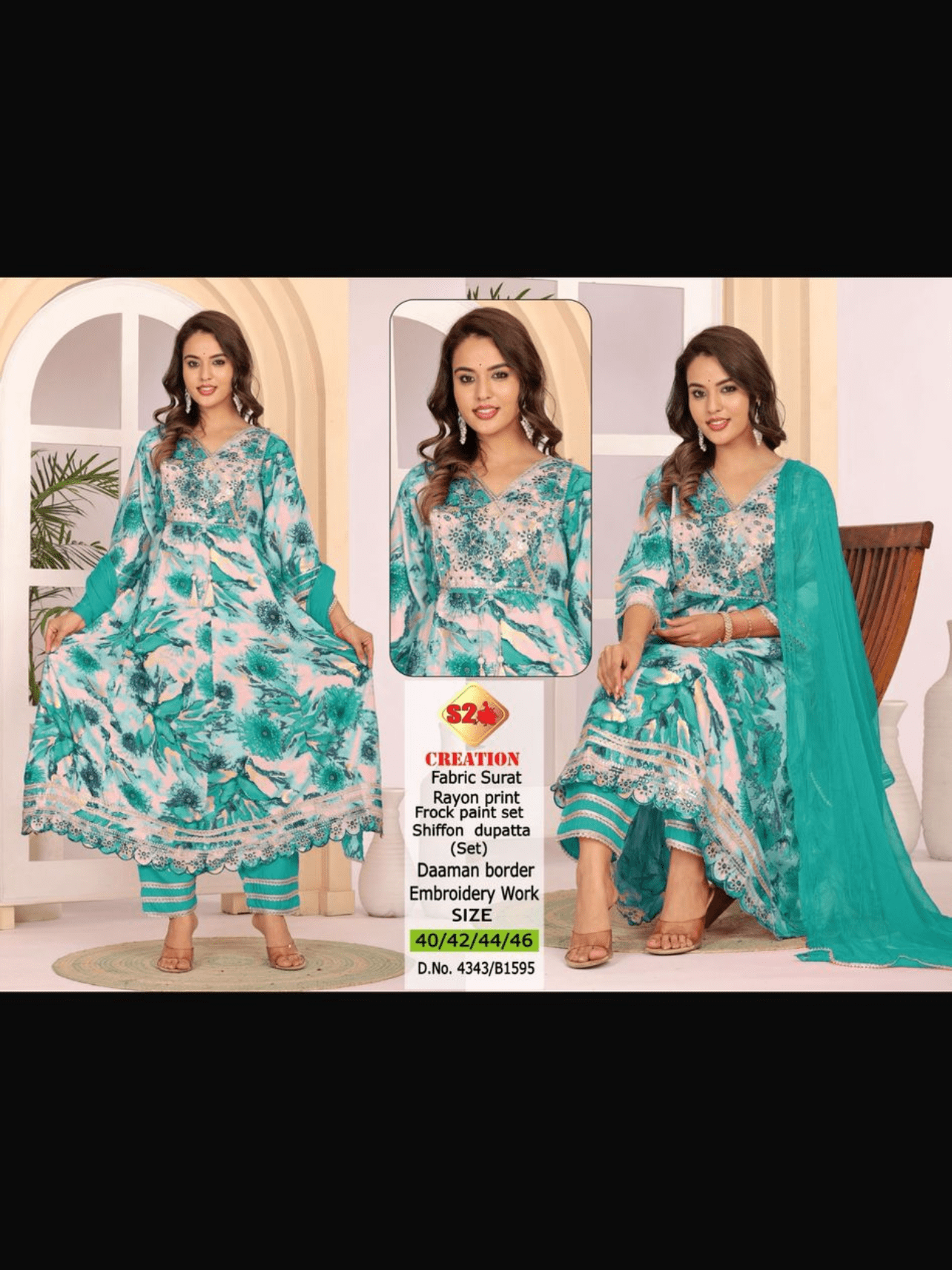 Sea Green Frock Pant & Shiffon Dupatta (Set) - 7